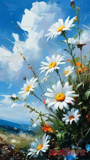 an oil painting of daisies and other flowers in front of a blue sky with clouds
