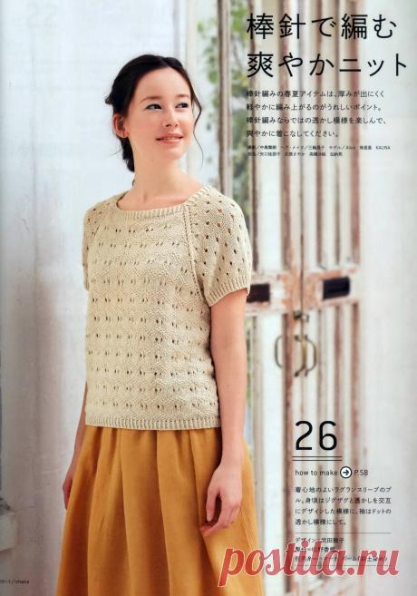 Ажурная кофточка-реглан с коротким рукавом спицами. Четкие японские схемы