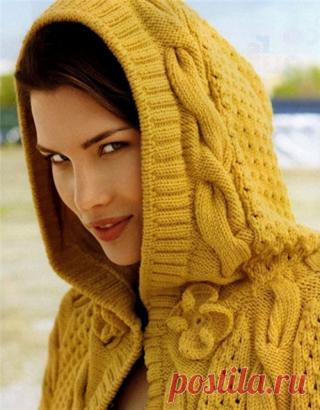 www.SHPULYA.com - Желтое пончо с капюшоном, вязаное спицами