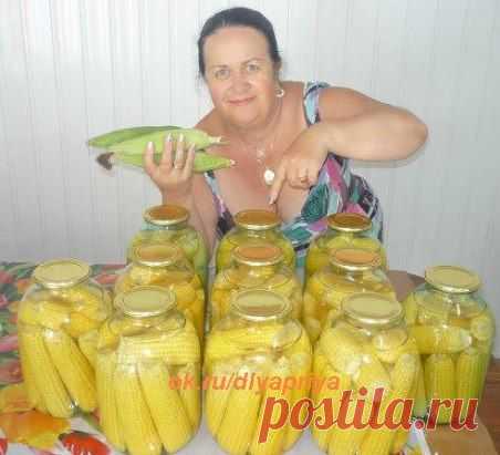 КУКУРУЗА МАРИНОВАННАЯ:  
молодые, очищенные початки уложить в 3-х литр. банку. Туда же всыпать - 1стол. ложку соли, 150г. сахара, 2стол. ложки 9% уксуса, 1таблетку аспирина. Залить всё кипятком и стерелизовать 1 час. Закатать. Укутать