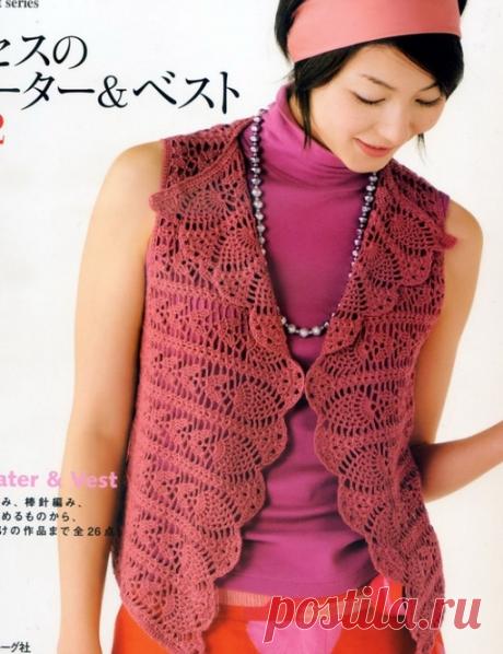 Красный жилет крючком со схемами. Вязание жилета поперечным узором |