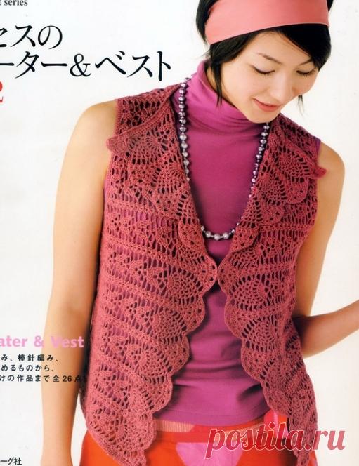 Красный жилет крючком со схемами. Вязание жилета поперечным узором |