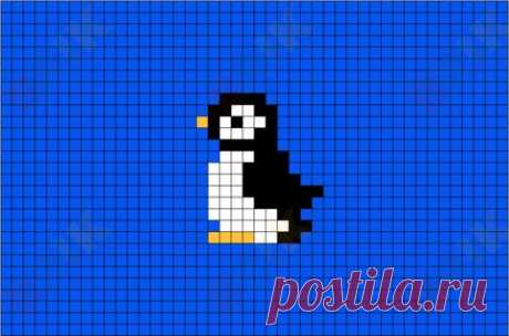 a pixellated image of a penguin on a blue background