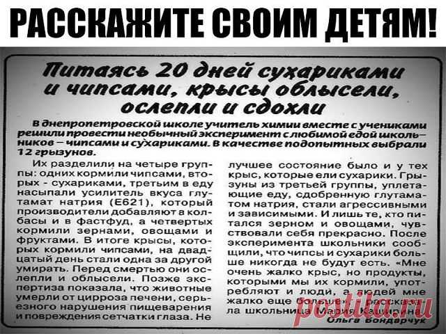 Сын (14 лет) втихаря покупает и ест всякую ерунду типа чипсов и резиновых змеек. Вот нашла ему, да и всем описание интересного эксперимента учителя в школе. Покажите своим детям.