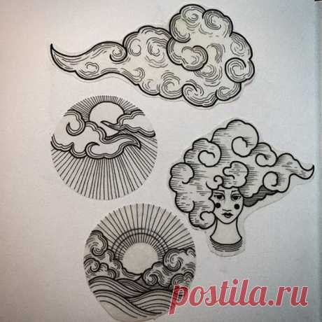 Гравировка. Урок. Примеры облаков. Лучи солнца.