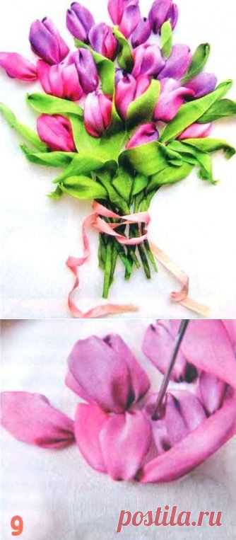 Тюльпаны, вышитые лентами. Мастер-класс с фото.