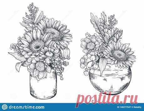 Bouquets With Hand Drawn Flowers And Plants In Vases Jars. Stock Vector 6C9