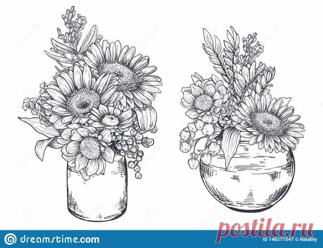 Bouquets With Hand Drawn Flowers And Plants In Vases Jars. Stock Vector 6C9