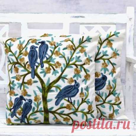 Cotton Aari Embroidery Cushion Covers (Pair) from India - Nature's Delight | NOVICA
