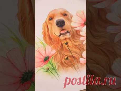 How to Paint a Golden Retriever with Watercolors 💛 Dog &amp; Flowers 🌺 #art #shorts #goldenretriever