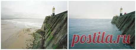 Приливы и отливы в фотографиях Майкла Мартена Английский фотограф Майкл Мартен (Michael Marten) сделал серию фотографий, на которых одни и те же пейзажи во время отлива и во время прилива воды.