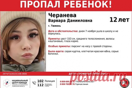 В российском городе исчезла 12-летняя девочка с пирсингом в носу. В Тюмени исчезла 12-летняя девочка с пирсингом в носу, по словам родителей, она ушла в школу и не вернулась. Несовершеннолетнюю горожанку начали разыскивать сотрудники полиции и неравнодушные граждане. Школьница в день пропажи была одета в серую куртку, клетчатую красную юбку и ботинки.