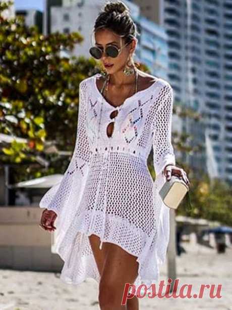 Crochet Cover Up Dress V Neck Long Sleeve Sheer Beach Dress Crochet Cover Up Dress V Neck Long Sleeve Sheer Beach Dress is the trendy style perfectly for the current season
