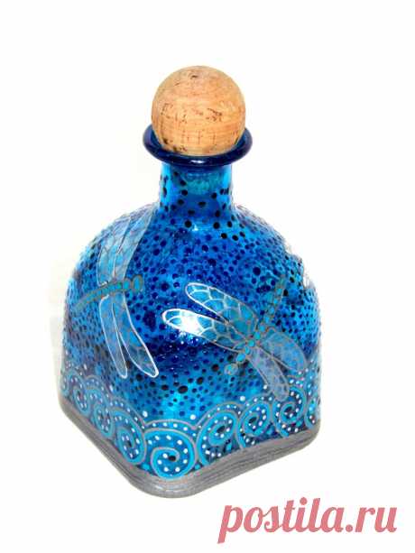 Silver Dragonfly Decanter Patron Bottle Art on Glass Hand Painted Blue – Sky Spirit Studios, LLC