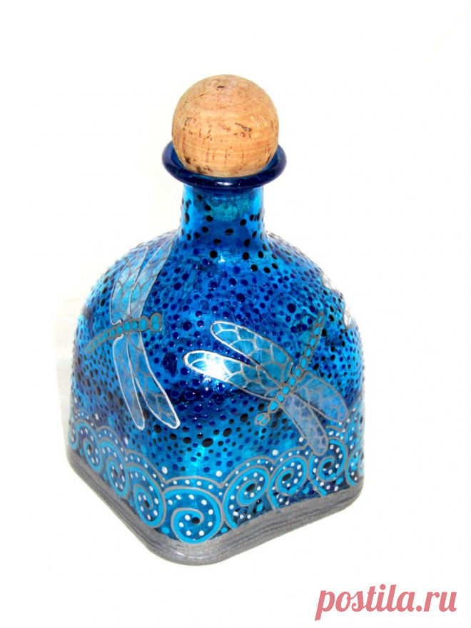 Silver Dragonfly Decanter Patron Bottle Art on Glass Hand Painted Blue – Sky Spirit Studios, LLC