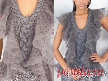 Невероятно красивый жилет спицами с мохеровой отделкой