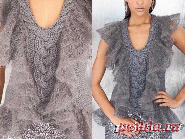 Невероятно красивый жилет спицами с мохеровой отделкой