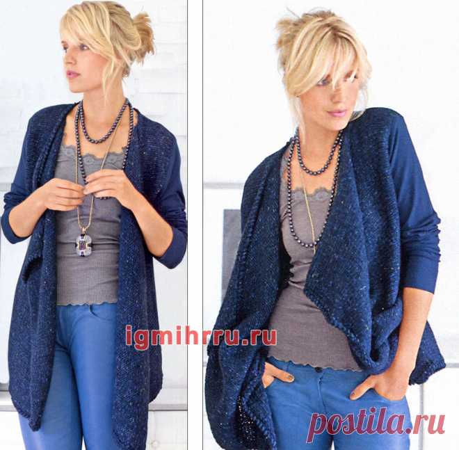 Синий кардиган с рукавами из трикотажного полотна. Вязание спицами