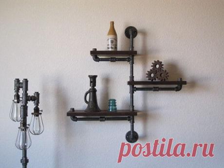 Single Pole Three Tier Walnut Pipe Shelf