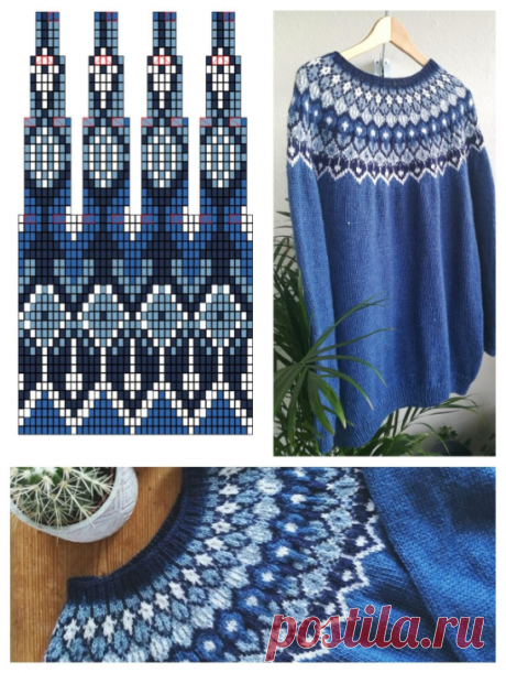 Жаккард: джемпер (лопапейса) в сине-голубых тонах спицами