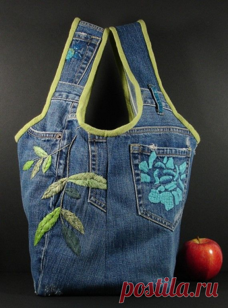 hobo tote bag from recycled Blue Jean denim with flowers