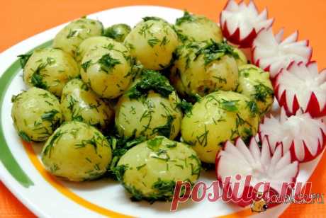 Молодой картофель с зеленью и чесноком Прочитала статью &quot;Вкусные блюда из молодого картофеля&quot;, так вся душа встрепенулась))) С нетерпением жду появления на базаре молодой картошки. И самое первое блюдо, которое я готовлю из молодой картошки, это отварной картофель с невероятным количеством зелени!