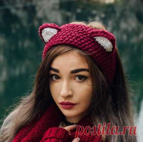Вязаная повязка на голову, кошачьи уши,