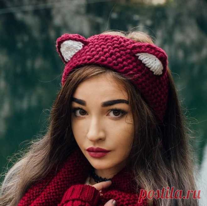 Вязаная повязка на голову, кошачьи уши,