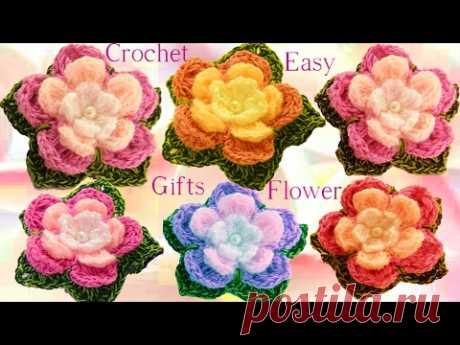 Como tejer flores de 5 pétalos triples con hojas a crochet  How to Crochet a flower