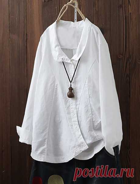Women's Shirt Blouse White Blue Plain Button Long Sleeve Daily Basic Casual Shirt Collar Slim L 2023 - € 21.99