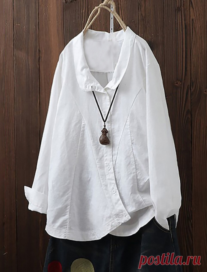 Women's Shirt Blouse White Blue Plain Button Long Sleeve Daily Basic Casual Shirt Collar Slim L 2023 - € 21.99