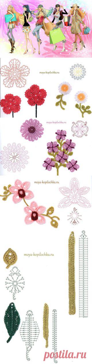 Вязаные . 100 цветочных мотивов для вязания крючком со схемами | Подружки