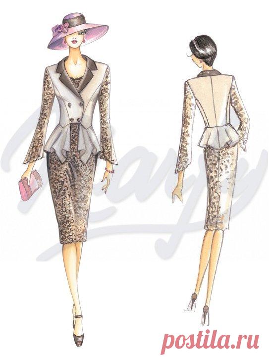 Tejido que se necesita aproximadamente mt 1 10 ancho 1 40 + encaje mt 0 65 ancho 1 40 Chaqueta juvenil en crespón de doble cruce con faldellín original suelto tipo pañuelo cuello de raso y mangas acampanadas de encaje macramé