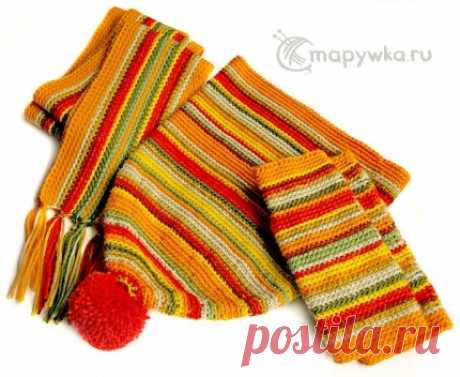 Шапка с помпоном, шарф и митенки вязаные - купить | Одежда ручной работы | HANDMADE интернет-магазин