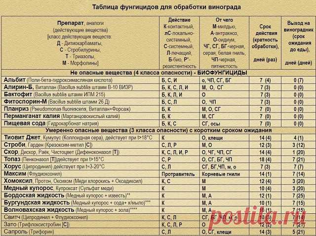 ТАБЛИЦА ФУНГИЦИДОВ ДЛЯ ОБРАБОТКИ ВИНОГРАДА ОТ ЗАБОЛЕВАНИЙ. 
Сохраните к себе на стену и распечатайте на принтере, чтобы не потерять!
Воронежский виноградарь.