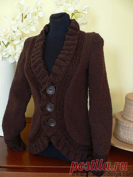Шоколадный жакет спицами Шоколадный жакет спицами с фалдами. Элегантный жакет спицами с описанием.    