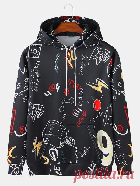 Mens All Over Graffiti Letter Print Loose Drawstring Hoodies With Kangaroo Pocke - US$29.99