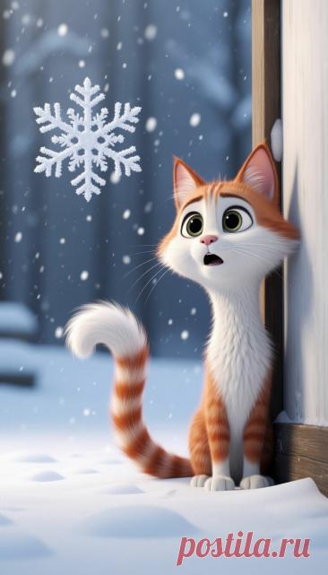 Белоснежный минимализм,большая красивая одинокая снежинка кружится, падает, справа в углу из-за экрана выглядывает силуэт длинного, тонкого, пушистого, пухового, бархатные тяги бело-рыжего шокированного мультяшного pixar кота минимализм