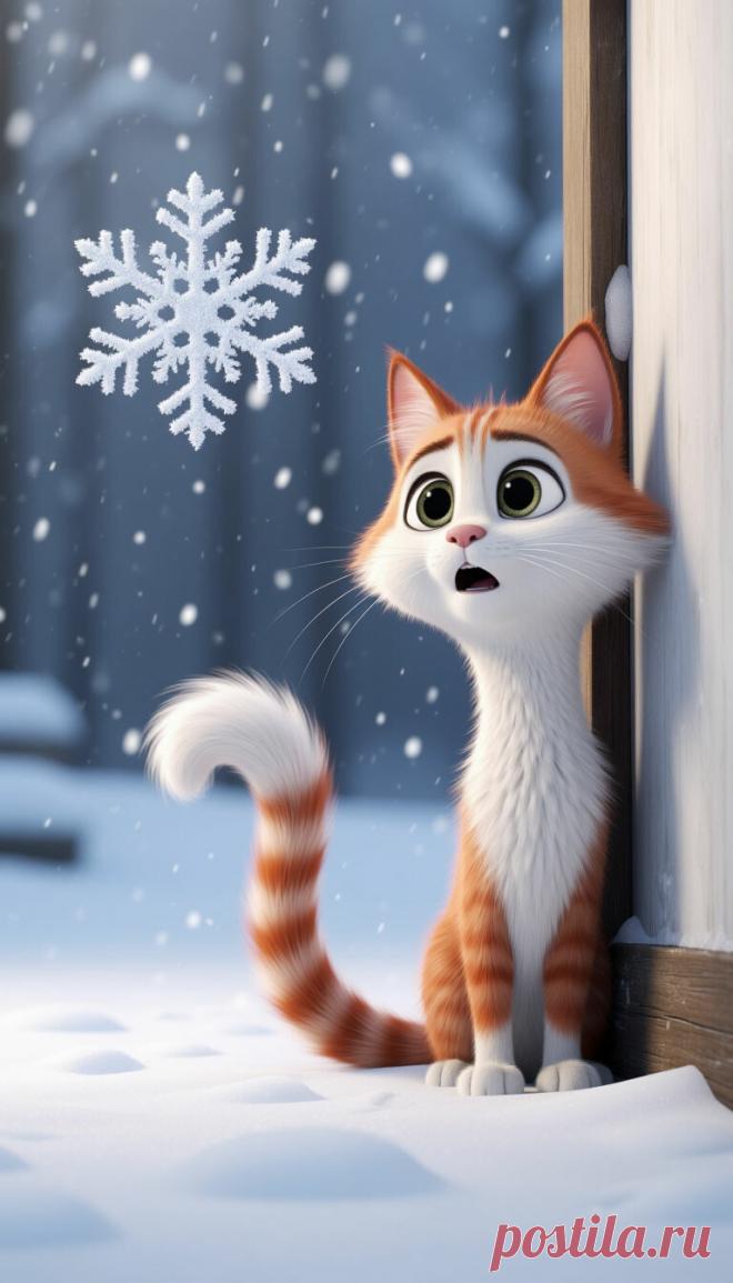 Белоснежный минимализм,большая красивая одинокая снежинка  кружится, падает, справа в углу из-за экрана выглядывает силуэт длинного,  тонкого, пушистого, пухового, бархатные тяги бело-рыжего шокированного мультяшного pixar кота минимализм