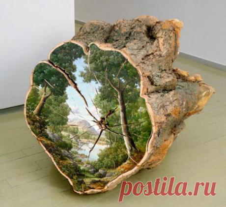 Простые пейзажи, нарисованные на срезе бревна (16 работ)