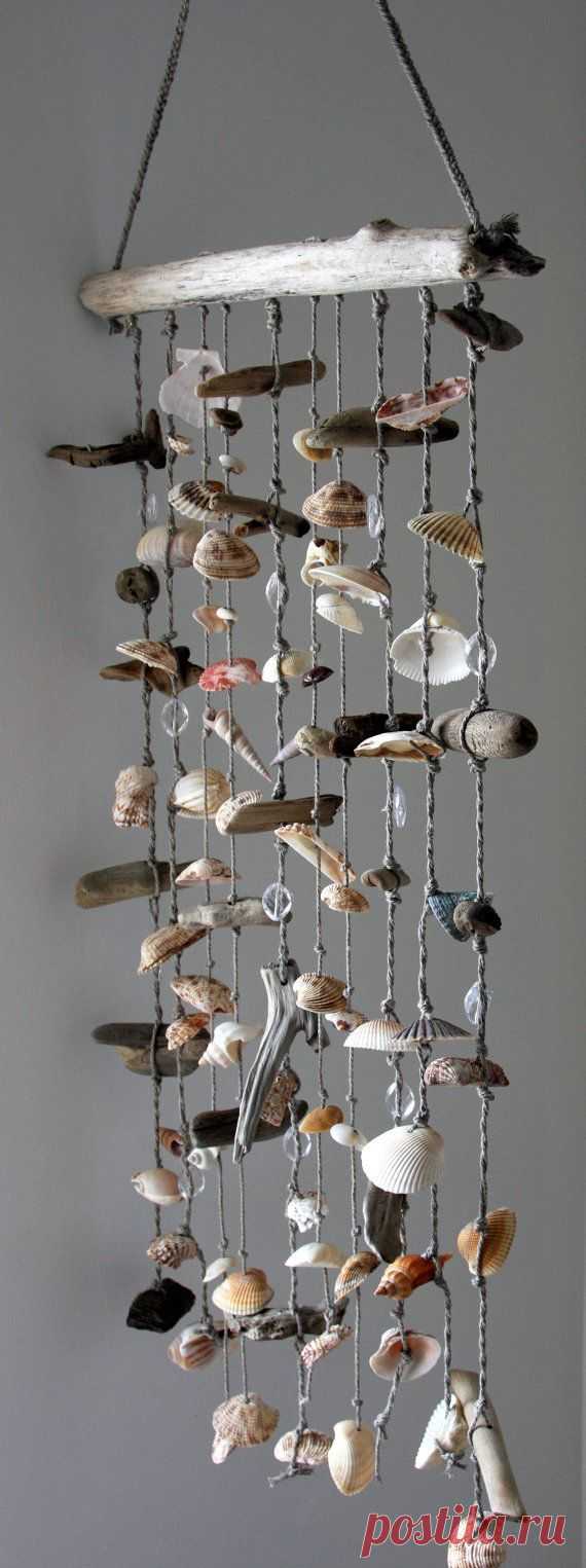 Large Driftwood Sea Shell Mobile, Beach Wind Chime, Sea Shell Chime, Sea Shell…