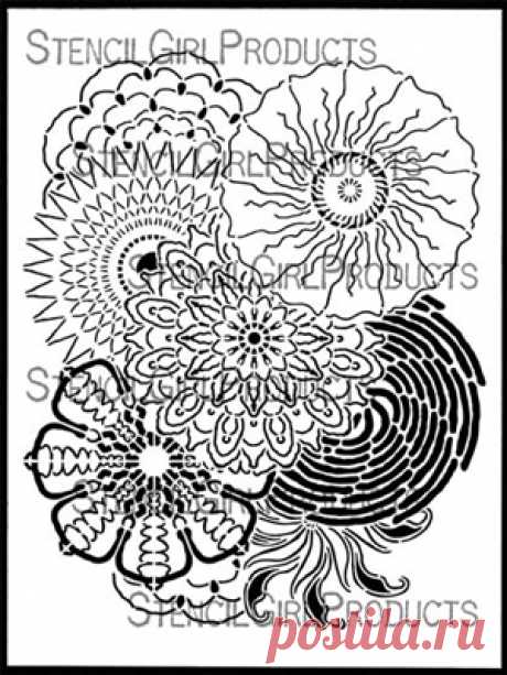 Floral Mandala Lace Stencil | Kristie Taylor | StencilGirl Products The Floral Mandala Lace stencil by Kristie Taylor featuring 8 flowers: morning glory, dahlia, zinnia, marigold, and an anemone. Use this stencil to create floral focal points in your artwork, make textured backgrounds in your art journal, for paper crafting, encaustic paintings, and more. Shop today!