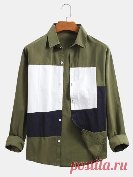 Cotton Solid Color Patchwork Button Up Long Sleeve Design Shirts For Men - US$32.99