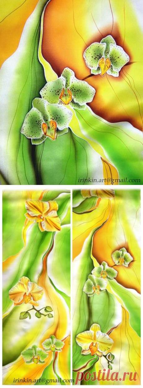 Рыже-салатовые орхидеи. Батик