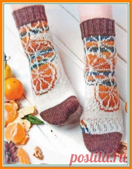 Носки "Цитрусовый микс" с жаккардовым узором "Мандаринки". Автор Лисина Юлия
