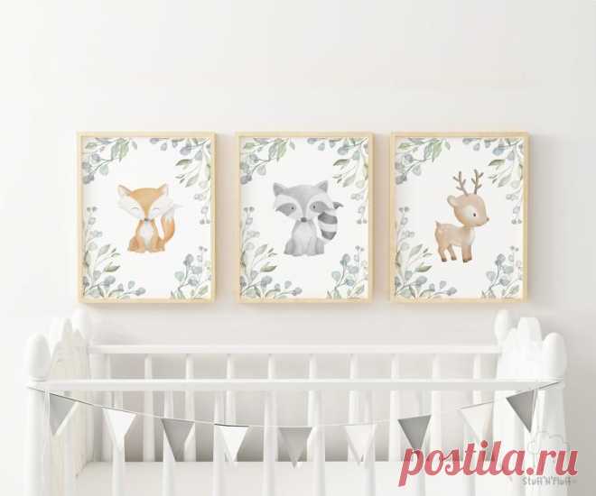 Nursery wall art woodland creatures nursery decor set of 3. | Etsy
