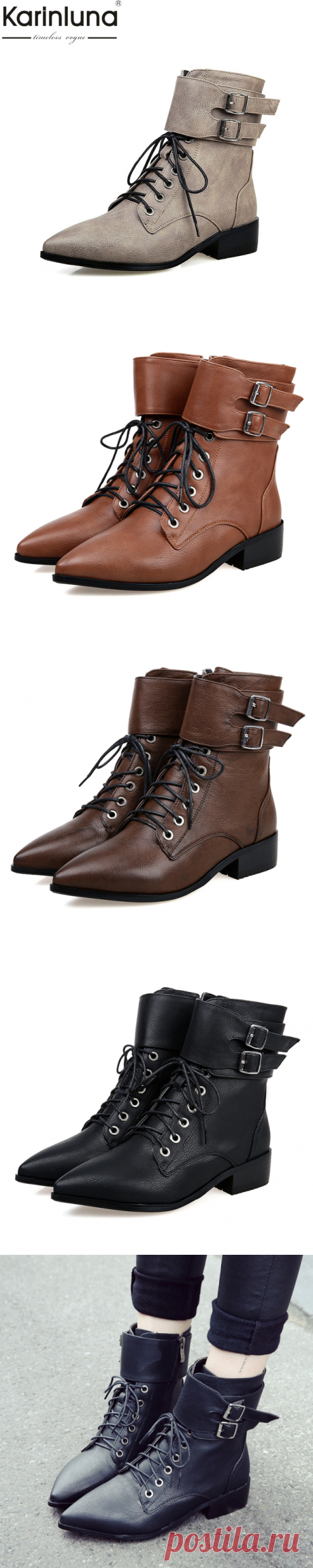 Karinluna/2017 г. Большой Размеры 34–43 острый носок пряжки на молнии Обувь кружева женская обувь модные Повседневное Черный, серый цвет КОРИЧНЕВЫЙ ботинки Martin купить на AliExpress
