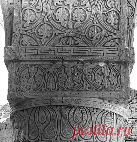Interior detail showing decoration on capital, impost, and arch soffit with paisley and leaf motifs | Archnet