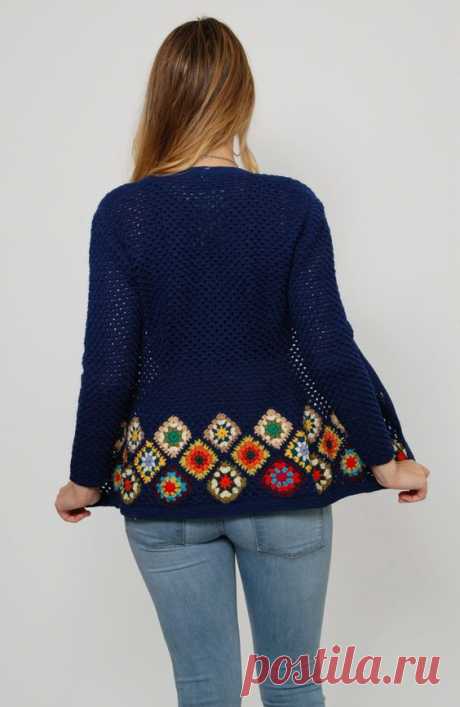 Vintage 70s GRANNY SQUARE Sweater Blue Knit Sweater Hippie Sweater RAINBOW Knit Cardigan Open Knit Jumper Boho Layering Piece