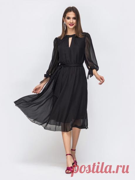 Шифоновое платье-миди с вырезом "капля" чёрное 43037 – купить в Киеве, Украине в розницу | цены интернет-магазина Dressa